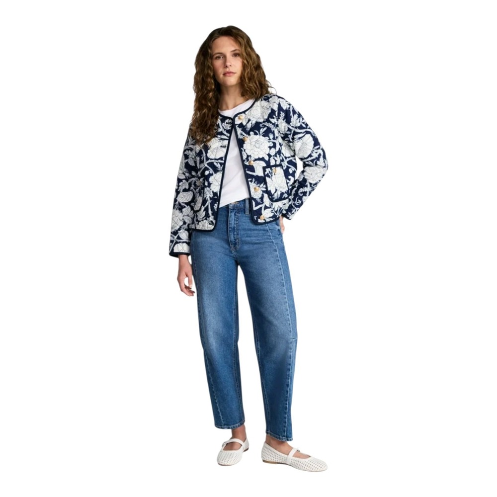 Time and Tru Quilted Jacket Women's Large Navy White Floral Gold Anchor Buttons